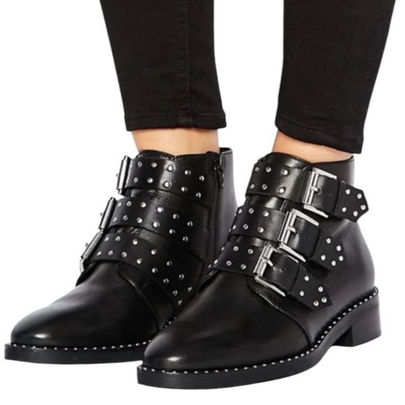 ASOS Women’s Asher Studded Black Leather Buckle Ankle Boots - Picture 11 of 11